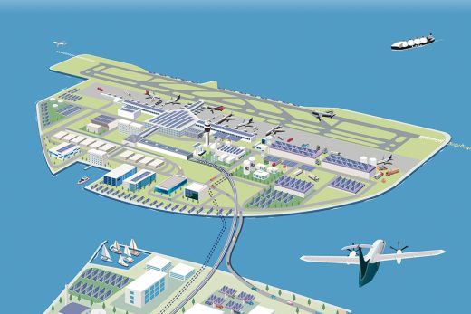 isometric floating airport, runway, hydrogen fuel, solar panels