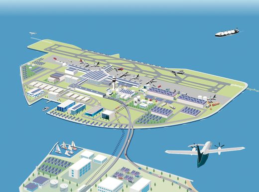 isometric floating airport, runway, hydrogen fuel, solar panels