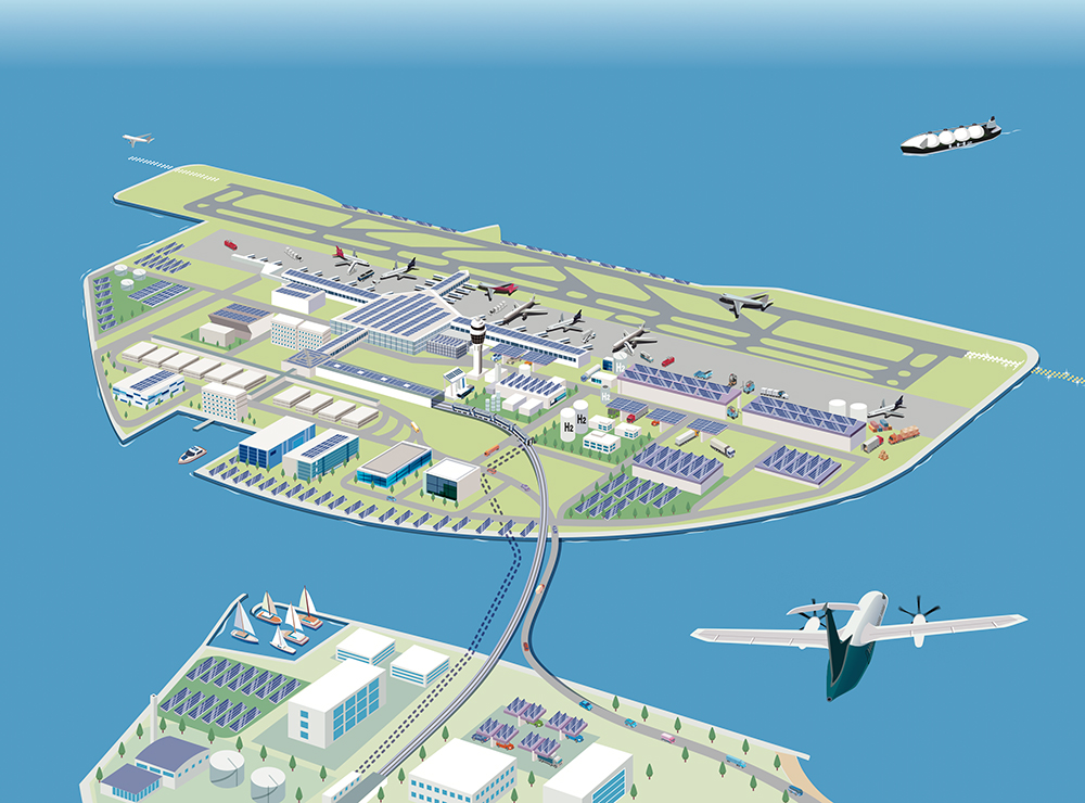 isometric floating airport, runway, hydrogen fuel, solar panels