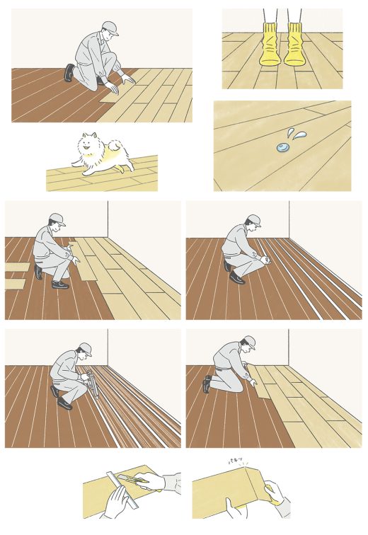 flooring installation steps, worker laying wooden planks