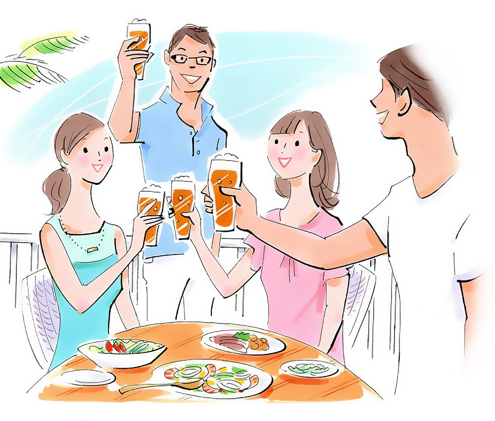 屋外でビールを乾杯する友人たちのイラスト