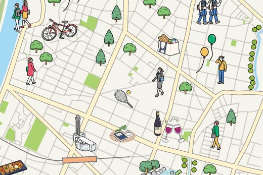 Funabori area illustrated map with parks, streets, food, and family scenes