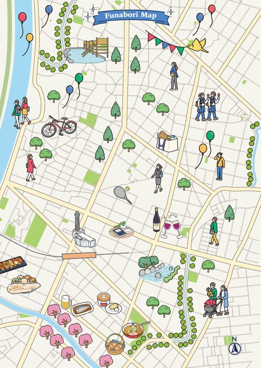Funabori area illustrated map with parks, streets, food, and family scenes