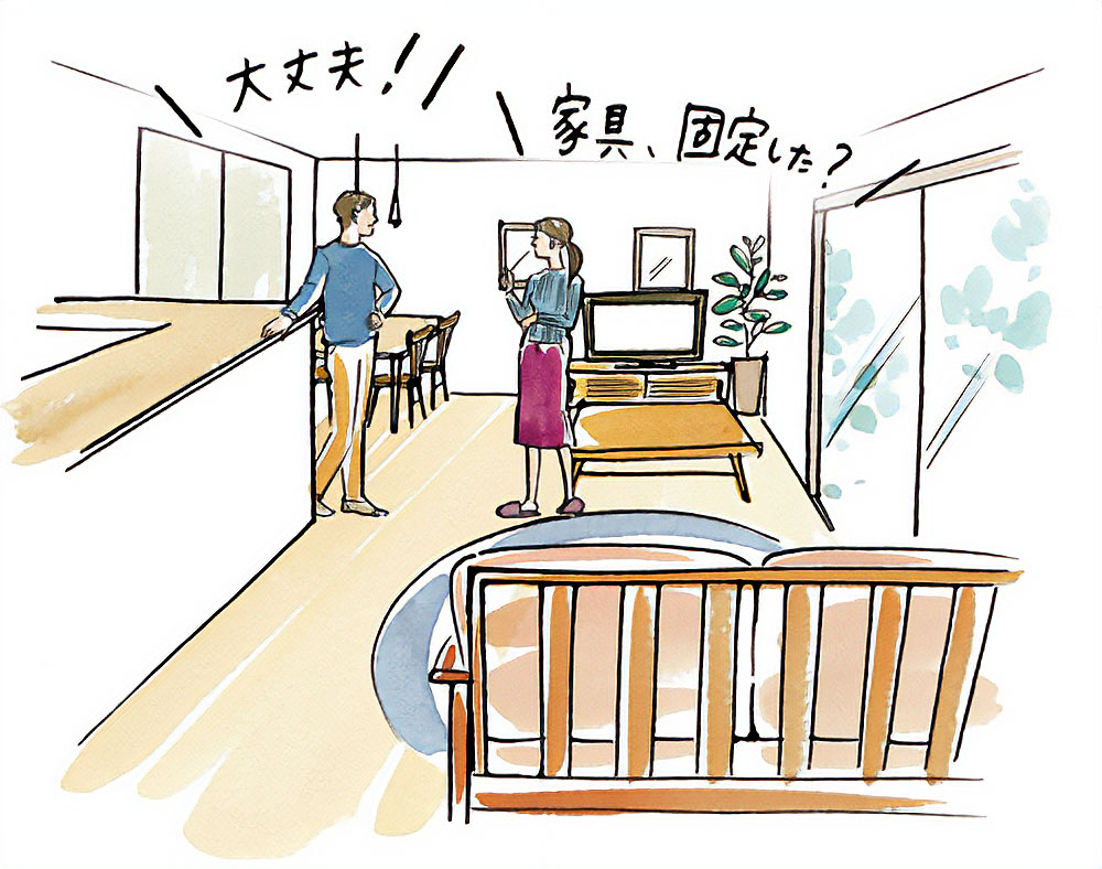 地震対策として家具の固定を確認している夫婦のイラスト