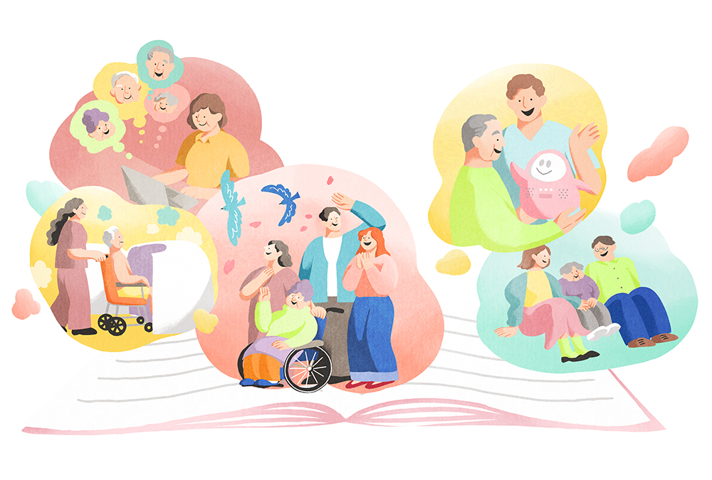介護と家族、未来の共生を描いた構成イラスト