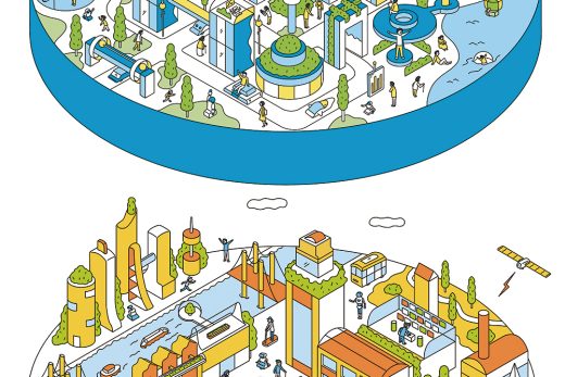 isometric futuristic city with people, buildings, and transport