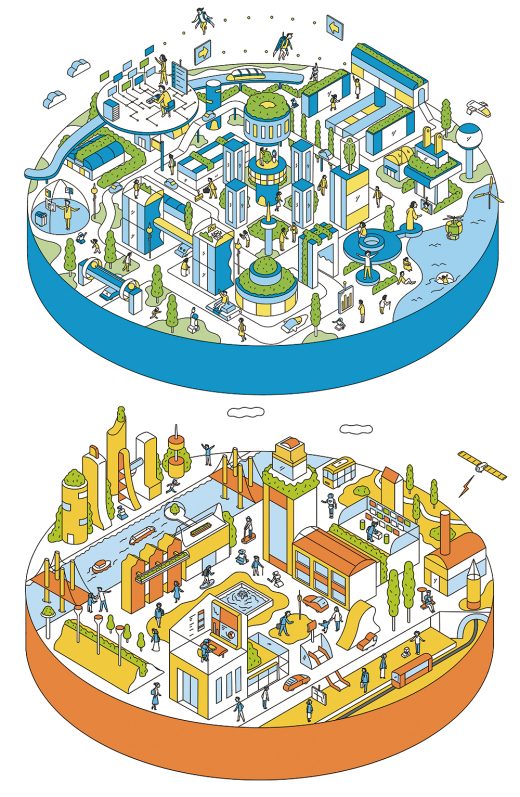 isometric futuristic city with people, buildings, and transport