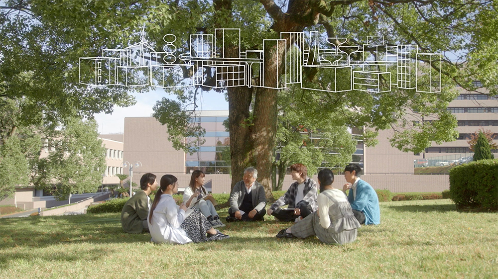 students under tree, future city outline, eco concept