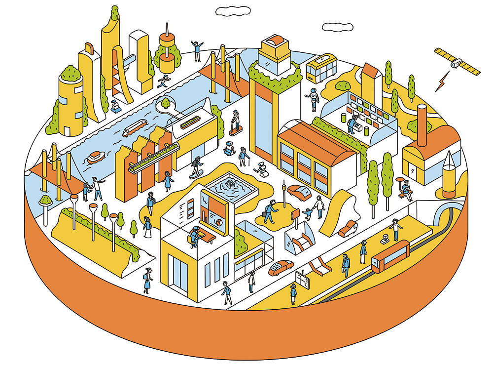 isometric futuristic city with people, buildings, and transport