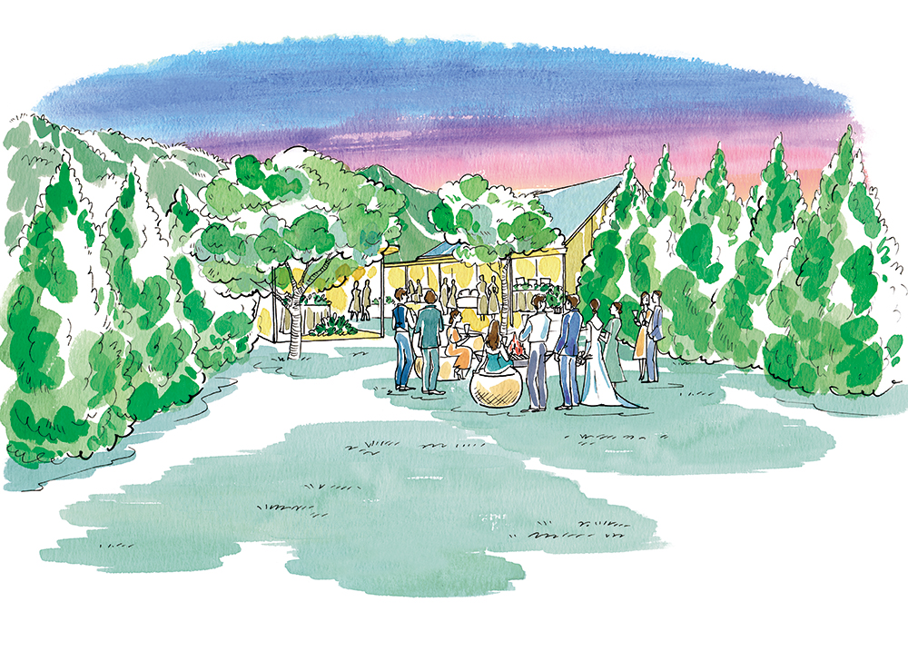 夕方の屋外ウェディングパーティー