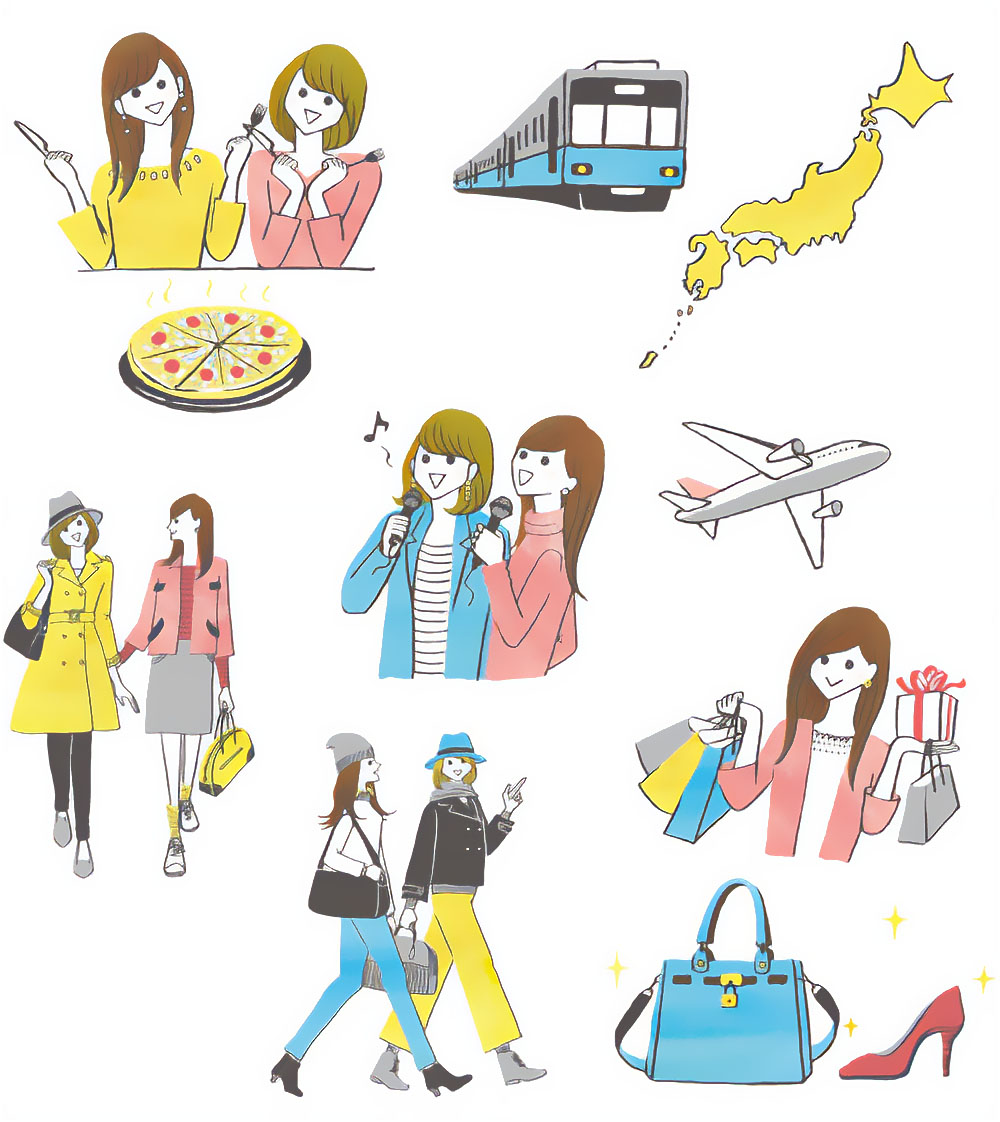 女性がショッピングや旅行を楽しむシーンを描いたイラスト