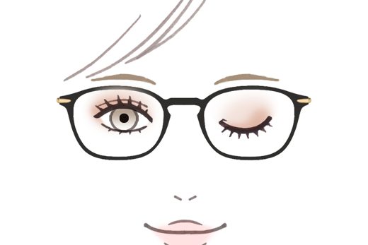 黒ぶちの眼鏡をかけた女性の顔のイラスト。左目はぱっちりと開き、右目はウィンクをしている表情。ブラウン系のアイシャドウと長いまつ毛が特徴的なナチュラルメイクの描写
