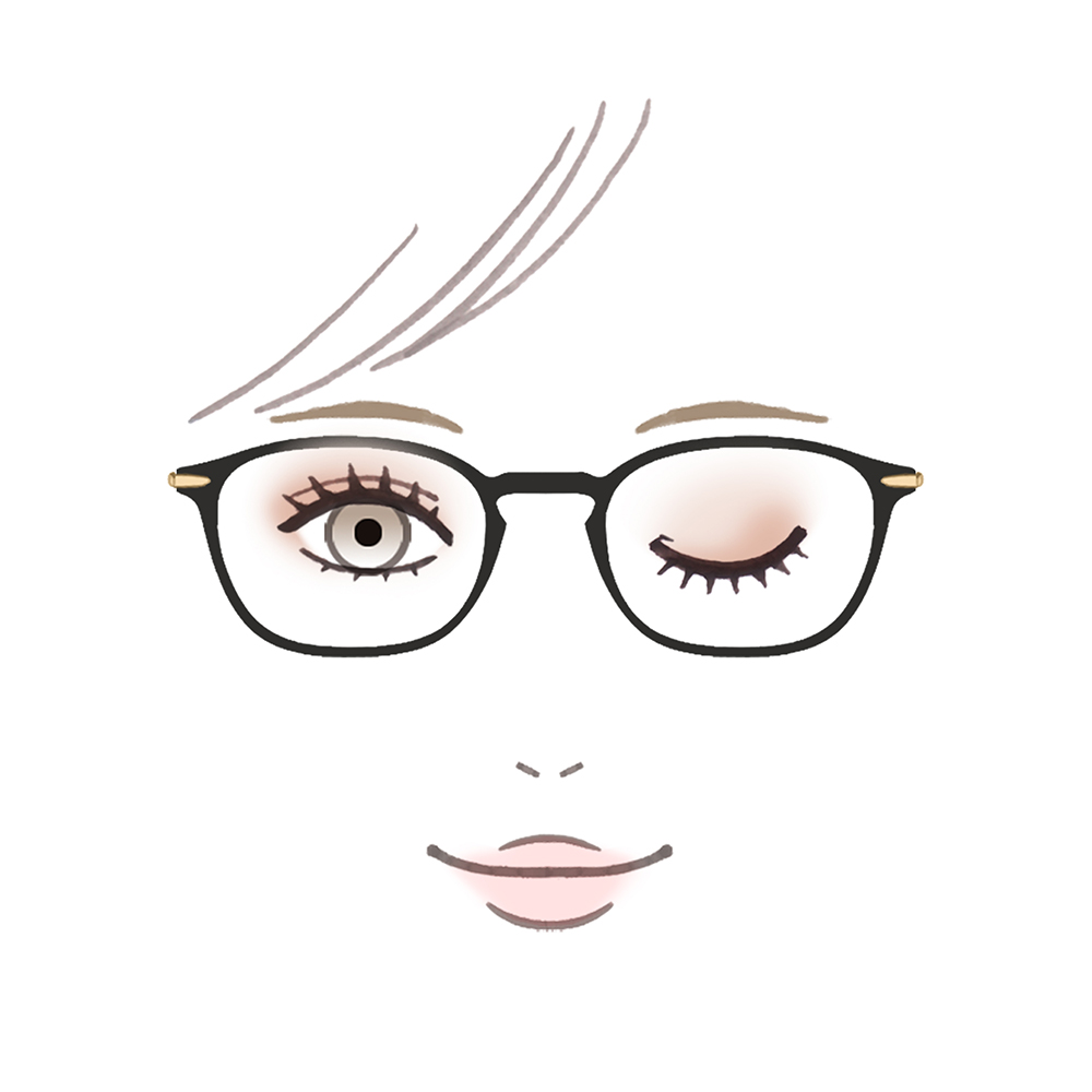 黒ぶちの眼鏡をかけた女性の顔のイラスト。左目はぱっちりと開き、右目はウィンクをしている表情。ブラウン系のアイシャドウと長いまつ毛が特徴的なナチュラルメイクの描写