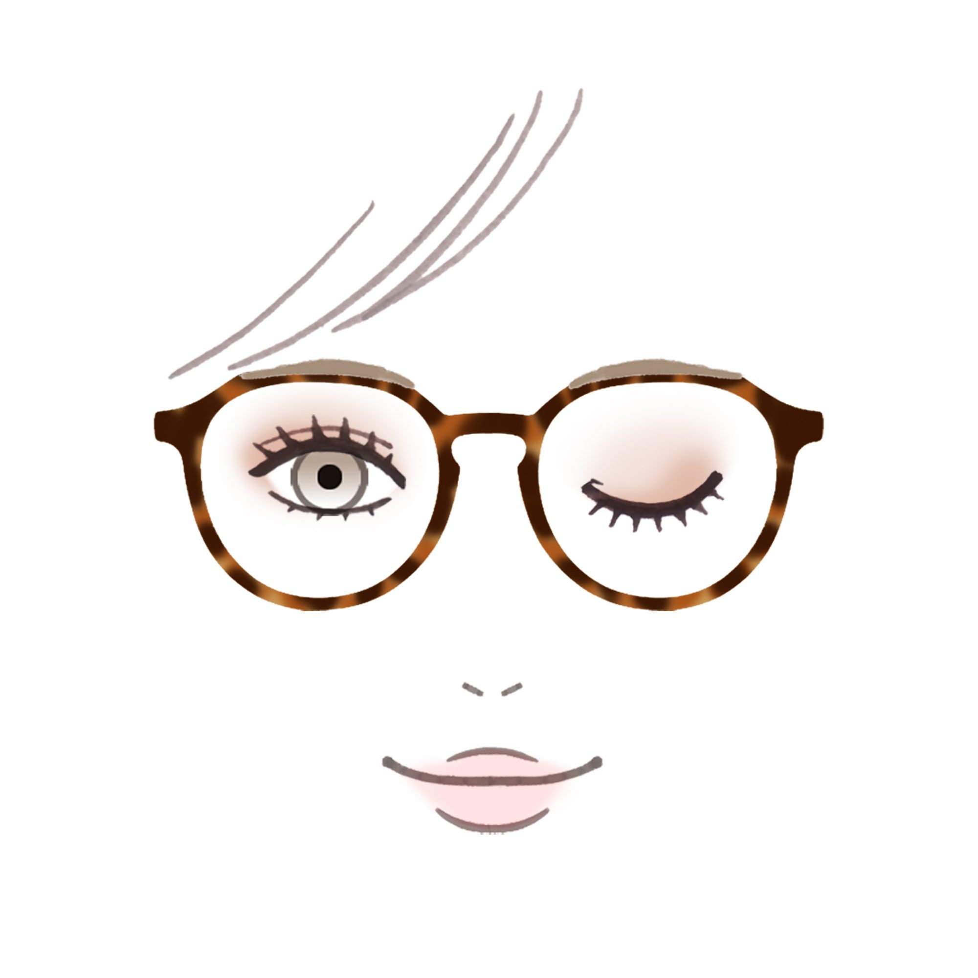 べっ甲柄の丸みのあるメガネをかけた女性のイラスト。肌馴染みの良いブラウン系のアイシャドウと控えめなピンクのリップを施し、右目でウィンクをしている自然な表情。
