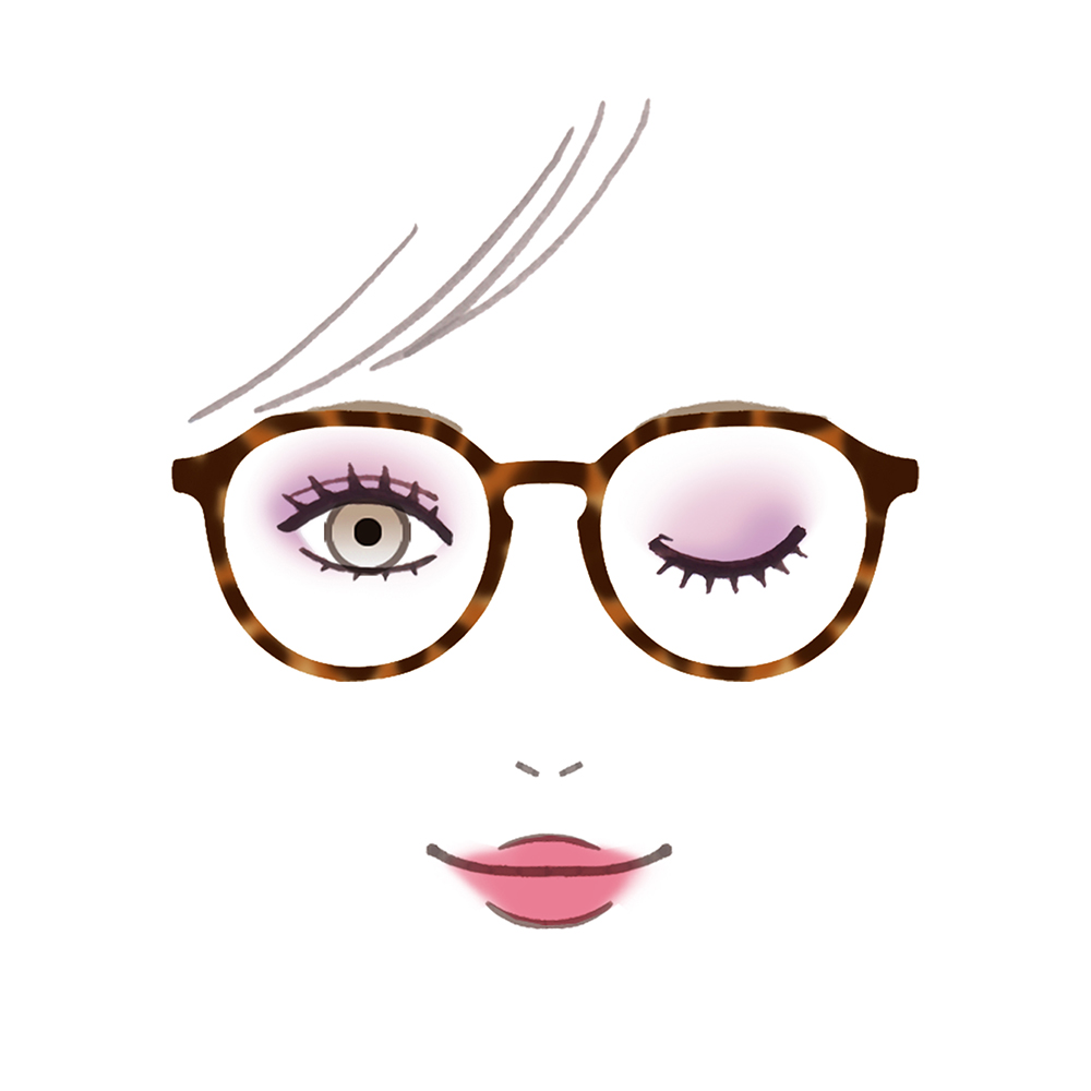 べっ甲柄（デミ柄）のボストンメガネをかけた女性のイラスト。ピンク系のアイシャドウとリップを施し、チャーミングにウィンクをしている表情