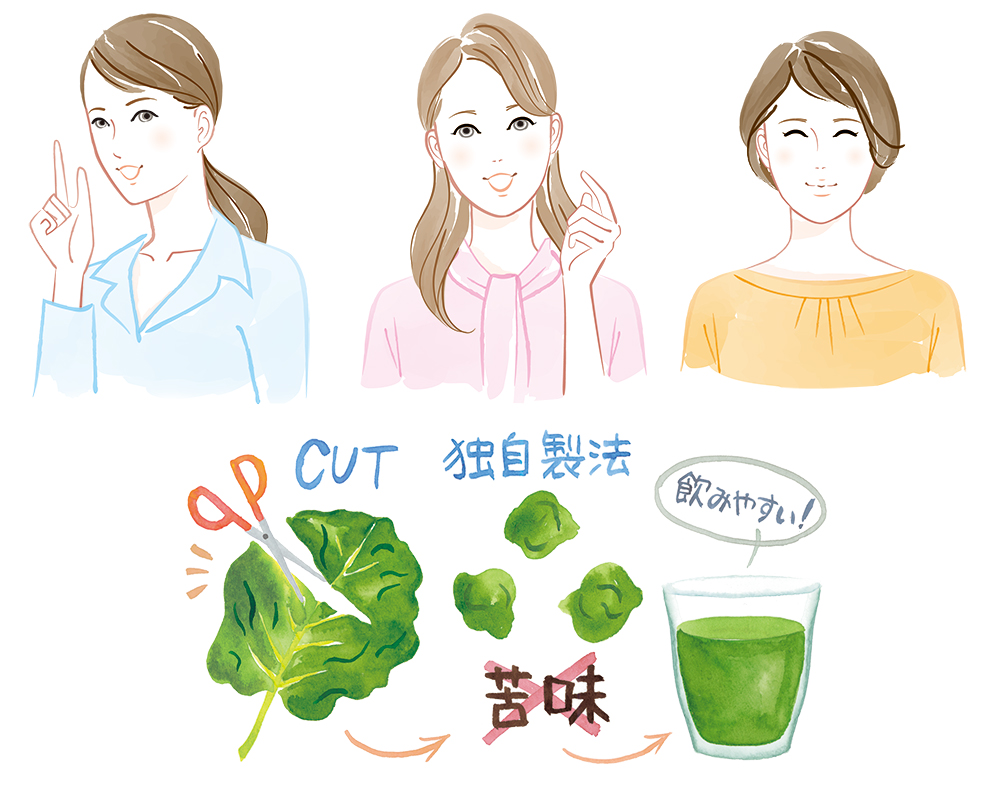 笑顔の女性とケールの調理方法イラスト