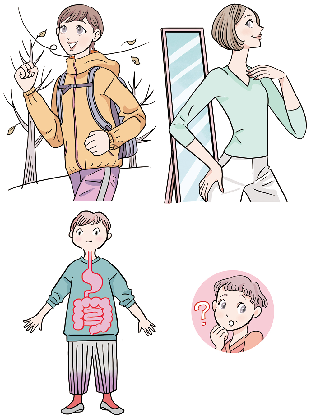 腸内環境と健康習慣に関する女性のイラストカット