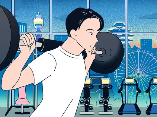 ジムでバーベルを担ぐ男性と夜景