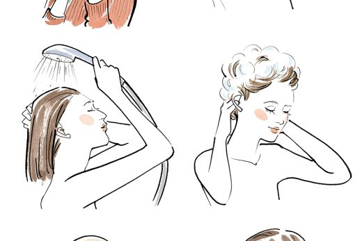 ヘアケアする女性のイラスト、シャンプー・ブラッシング・ドライヤー使用など複数工程