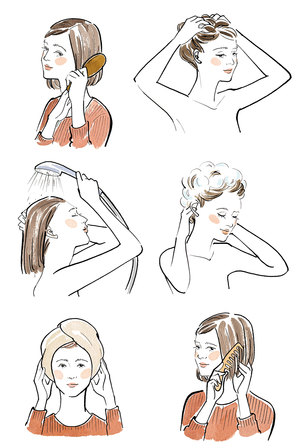 ヘアケアする女性のイラスト、シャンプー・ブラッシング・ドライヤー使用など複数工程