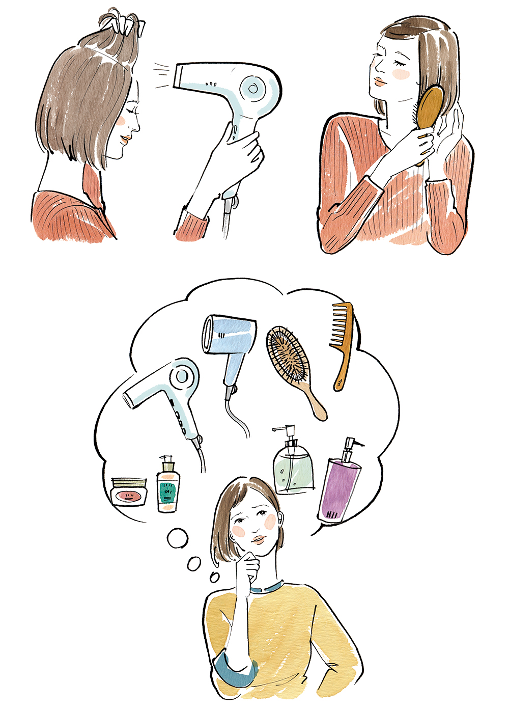 ヘアケアする女性のイラスト、シャンプー・ブラッシング・ドライヤー使用など複数工程