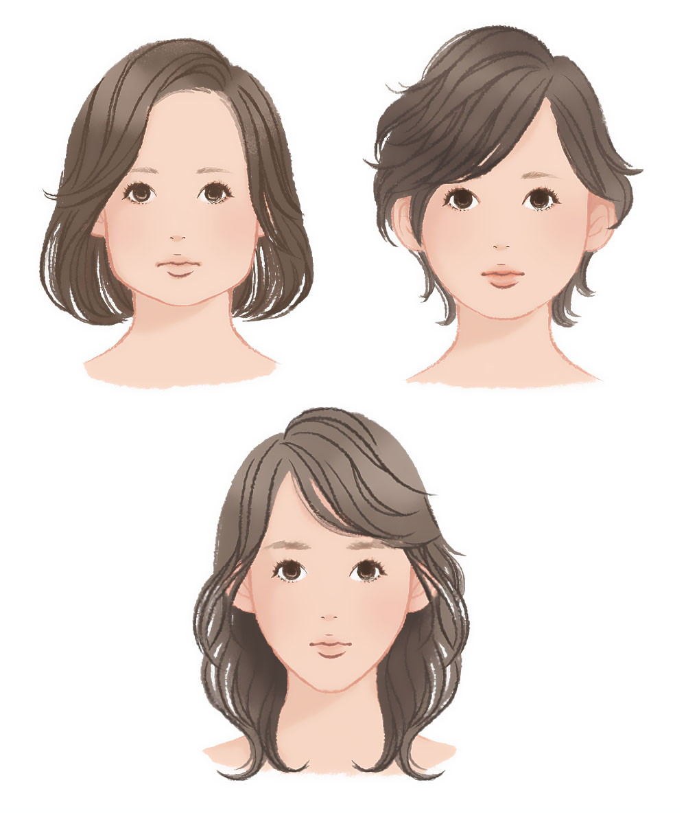 異なるヘアスタイルのかわいい女性の顔のイラスト