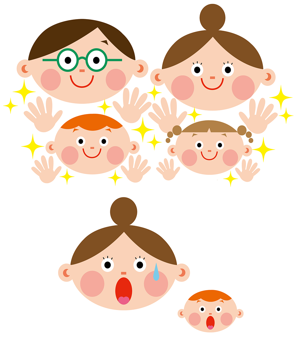 笑顔の家族と驚いた親子の表情