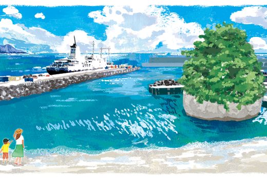 summer harbor, mother and child, blue sea