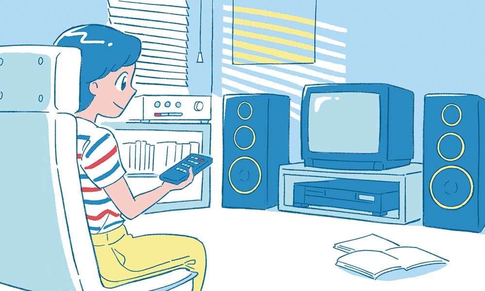 部屋でリモコンを持ちオーディオやテレビを楽しむ男性のイラスト