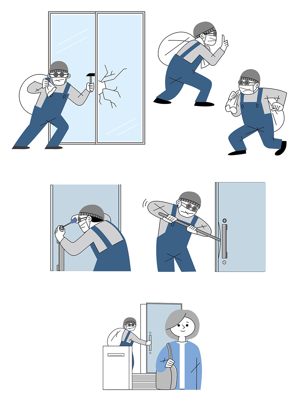 空き巣の侵入手口の例と防犯対策をイメージしたイラストセット