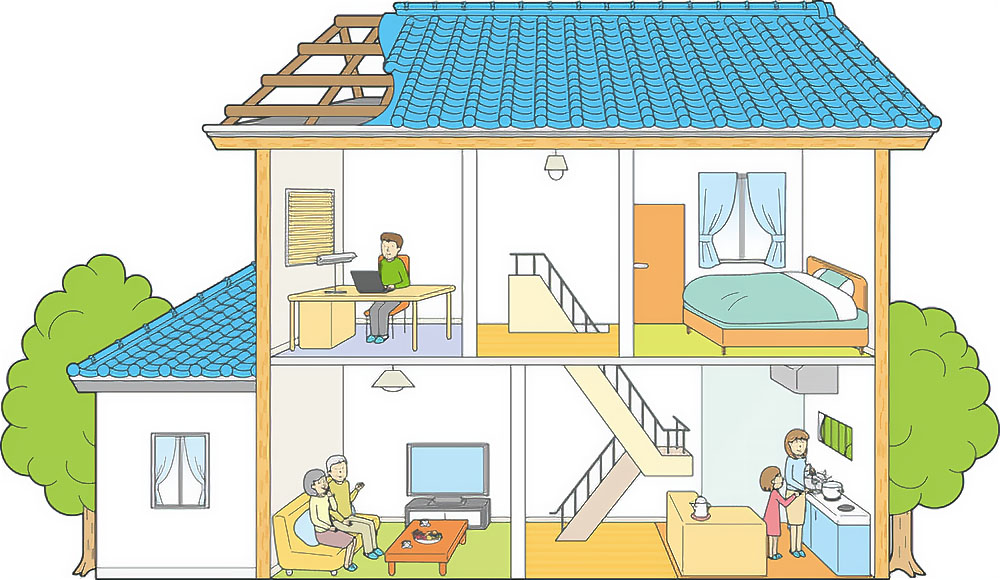 家の断面図と家族の日常生活シーンのイラスト