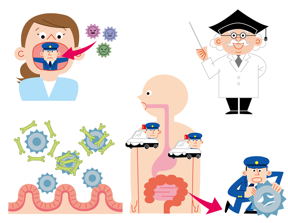 免疫システムの働きを警官と細菌で表現したイラスト。
