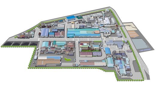 工場敷地のアイソメトリック俯瞰図、施設レイアウトのテクニカルイラスト