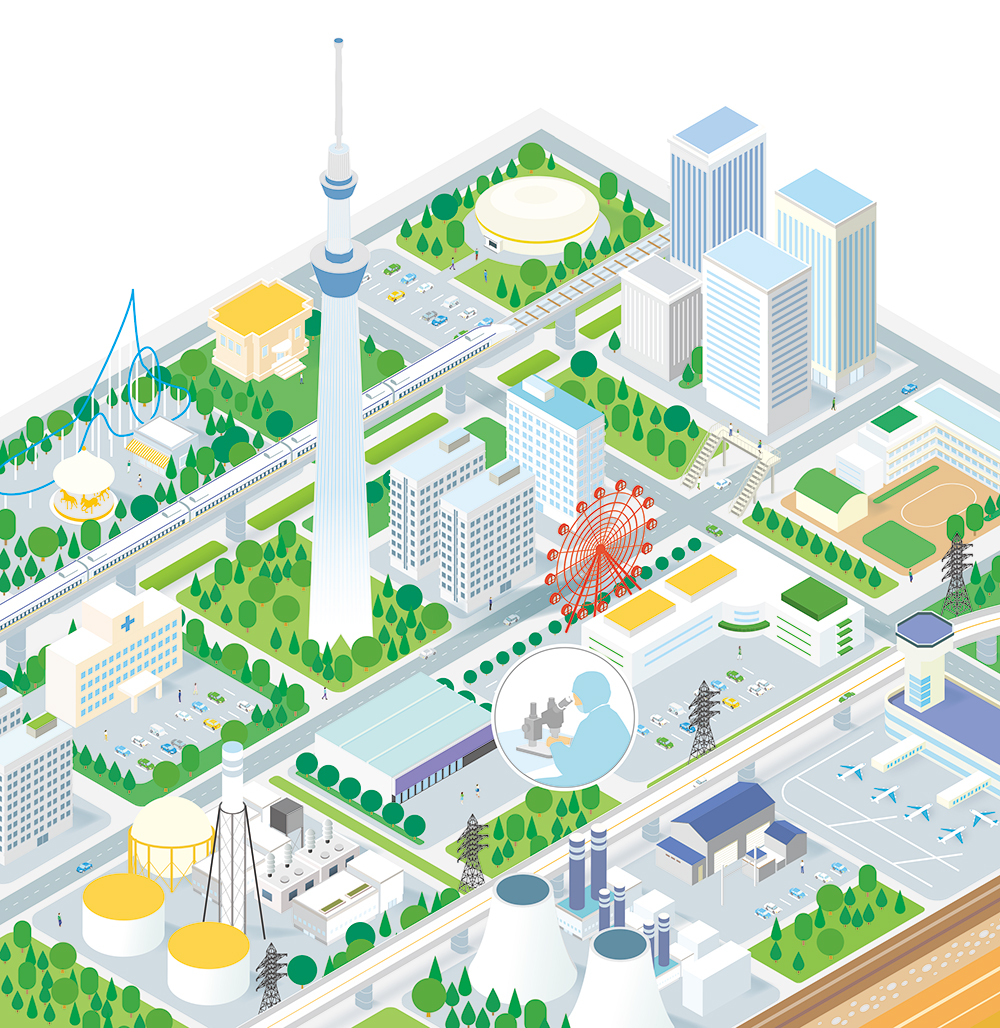 アイソメトリックで描かれた都市の俯瞰図、電波塔、ビル群、工場、交通インフラのイラスト