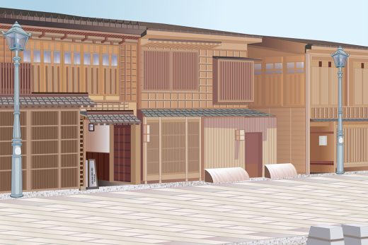 日本の伝統的な木造街並み、建物、街灯のイラスト