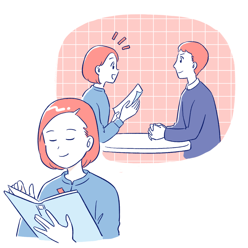 打ち合わせをしている未来の自分を想像している女性イラスト