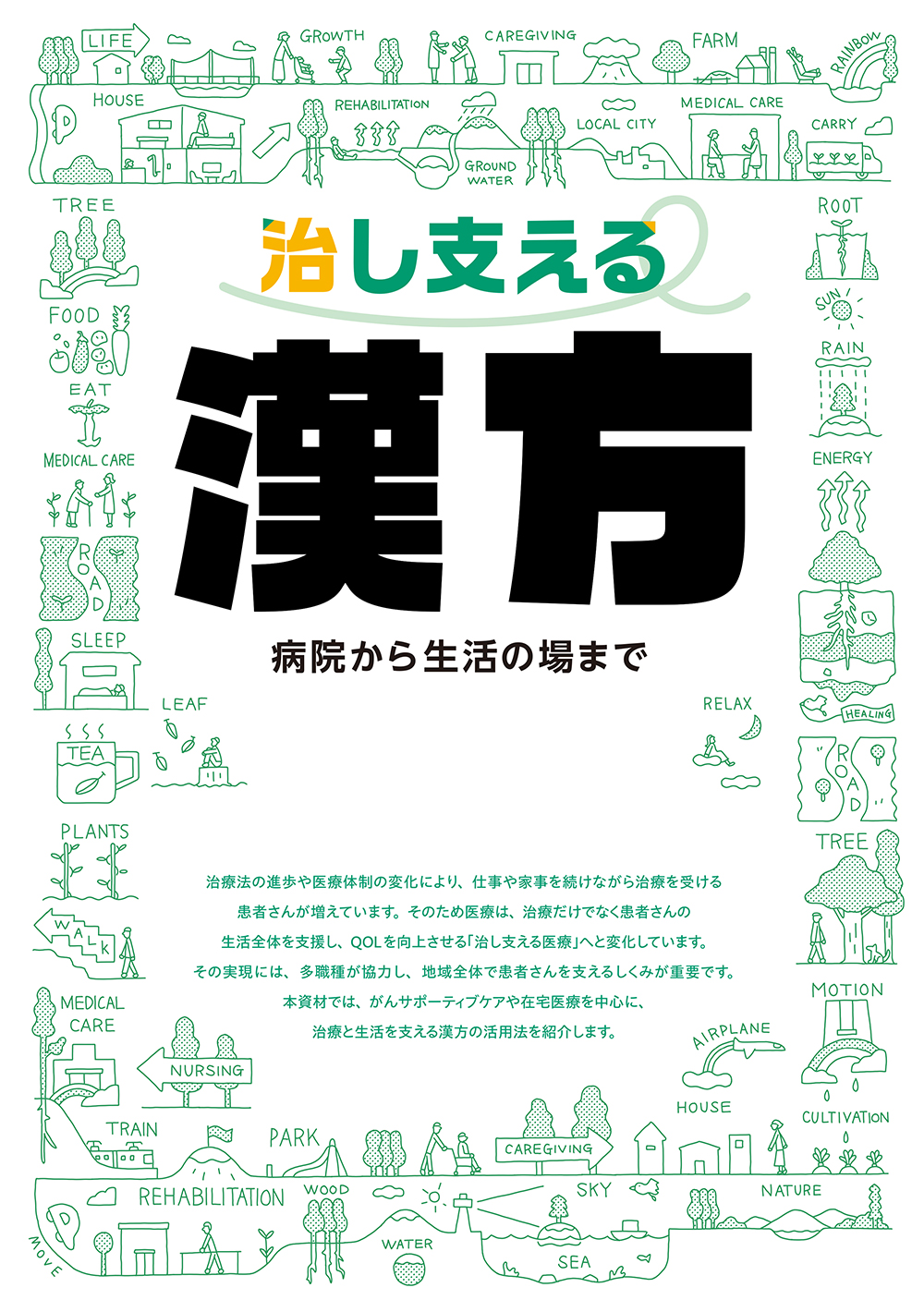 漢方と生活支援を描いたアイソメトリック風構成図