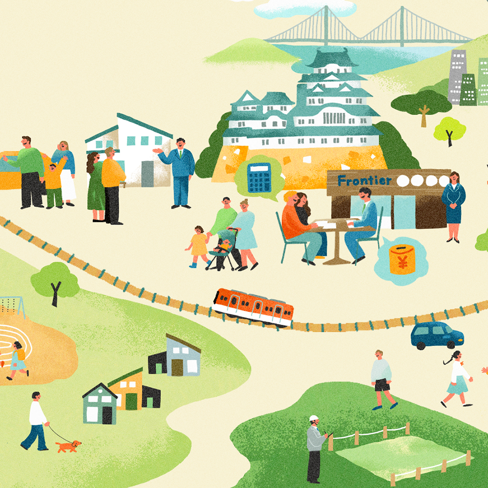 関西の名所と住宅街が広がる賑やかな街並みの俯瞰イラスト