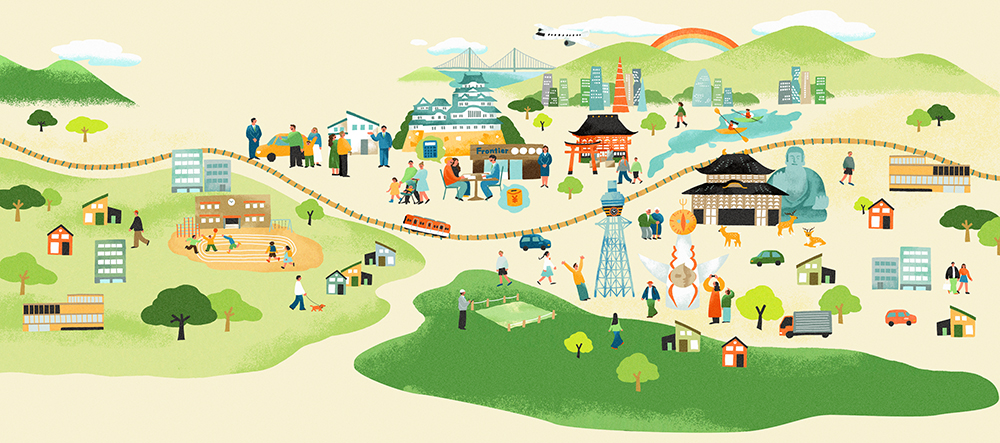 不動産店舗でスタッフと相談する家族と土地計測をする作業員のイラスト