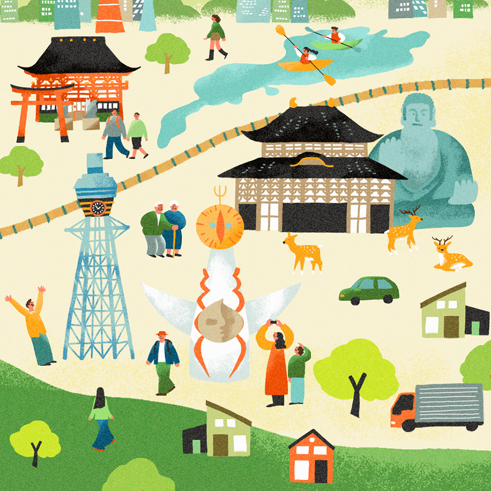 関西の名所と人々の暮らしを網羅した広域エリアマップイラスト