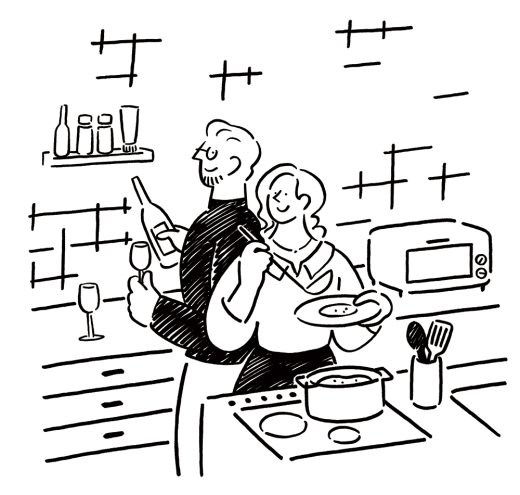 料理を楽しむカップルの線画