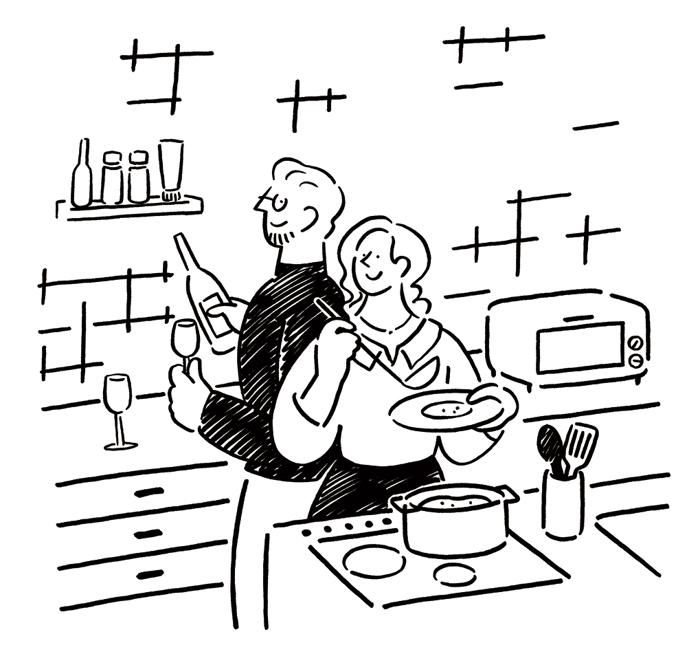 料理を楽しむカップルの線画