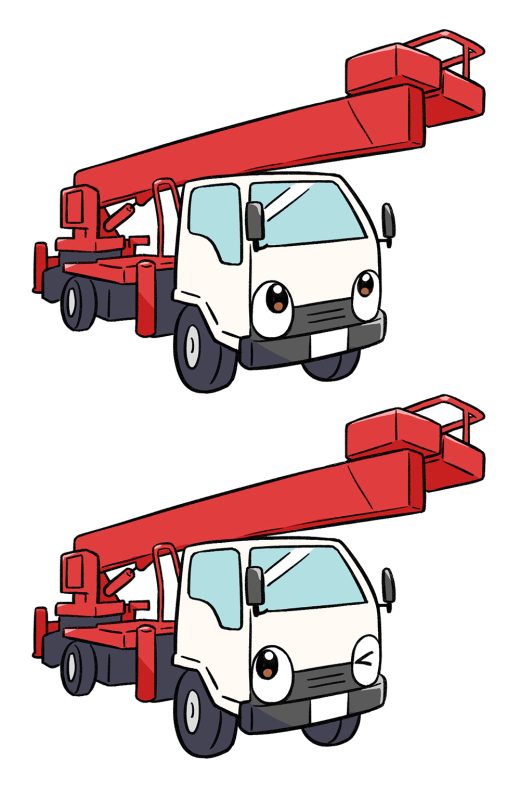 高所作業車の擬人化イラスト。上が通常の表情、下が片目を瞑った（ウィンクした）表情の2枚セット