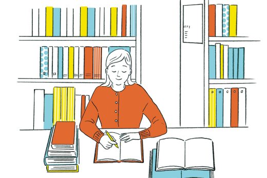 woman studying books library
