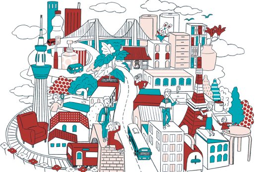 東京の街並みと暮らしのイラスト、東京タワーやスカイツリー、住宅、家族、日用品のアイソメトリック