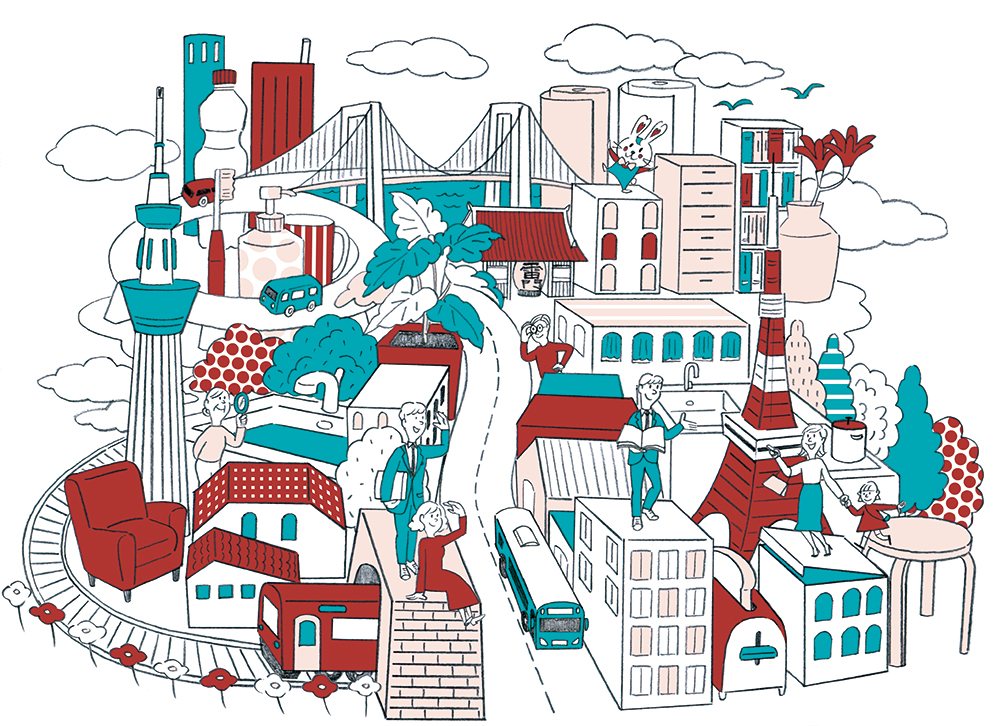 東京の街並みと暮らしのイラスト、東京タワーやスカイツリー、住宅、家族、日用品のアイソメトリック