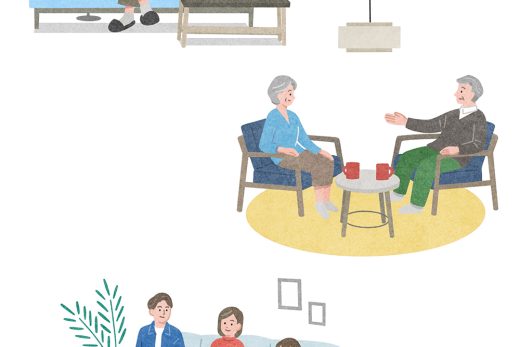 リビングでくつろぐ男性、対話するシニア夫婦、ソファに集まる家族のイラストセット