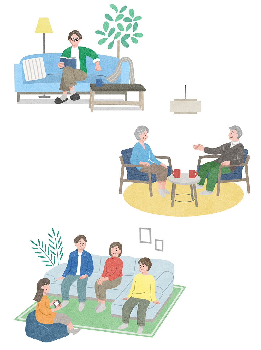 リビングでくつろぐ男性、対話するシニア夫婦、ソファに集まる家族のイラストセット