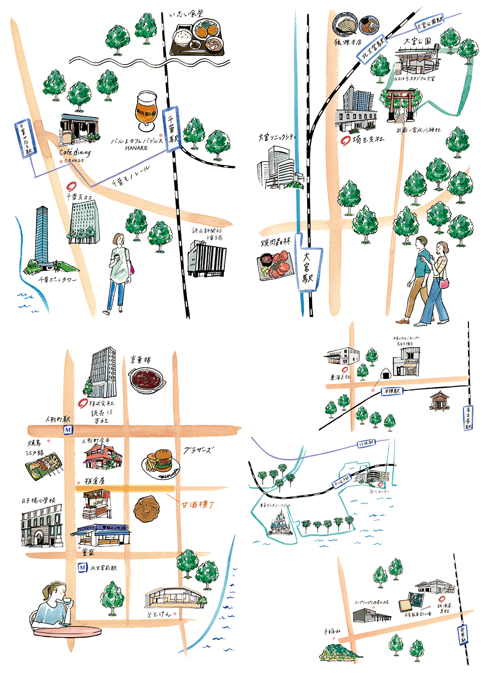 手書き風のエリアガイドマップ、観光スポットと街並みのイラスト