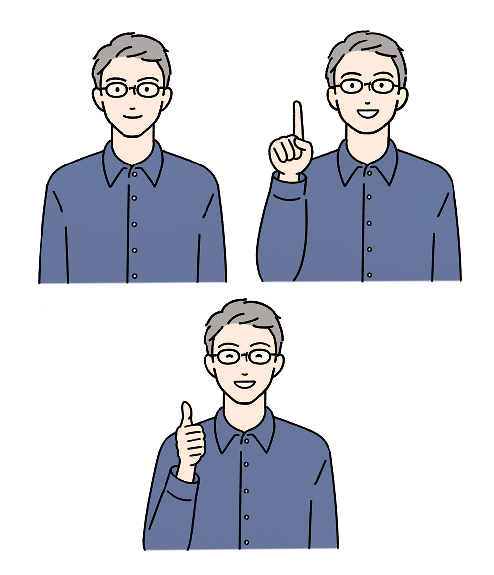 眼鏡をかけた男性のイラスト, 指差し, 笑顔, 親指を立てる, 上半身, 青いシャツ